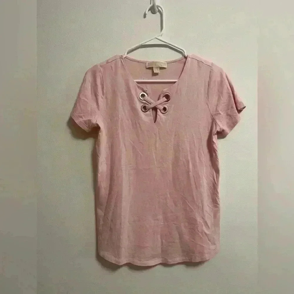 Michael Kors - Women’s Pink V-Neck CrossAccent 100% Cotton Short Sleeve - Size S